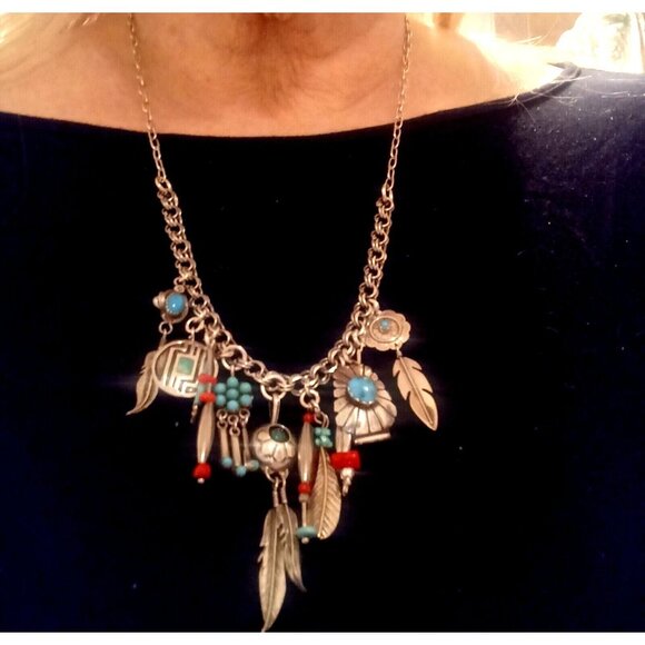 Handmade Artisan Native American Sterling Turquoise Coral Charm Necklace - Picture 2 of 8